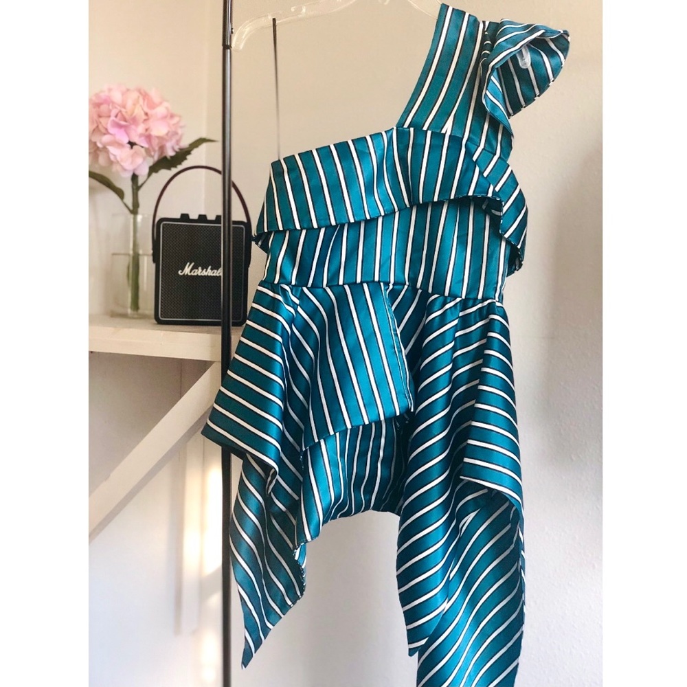 Self-Portrait Teal and White One-Shoulder Striped Asymmetric Top